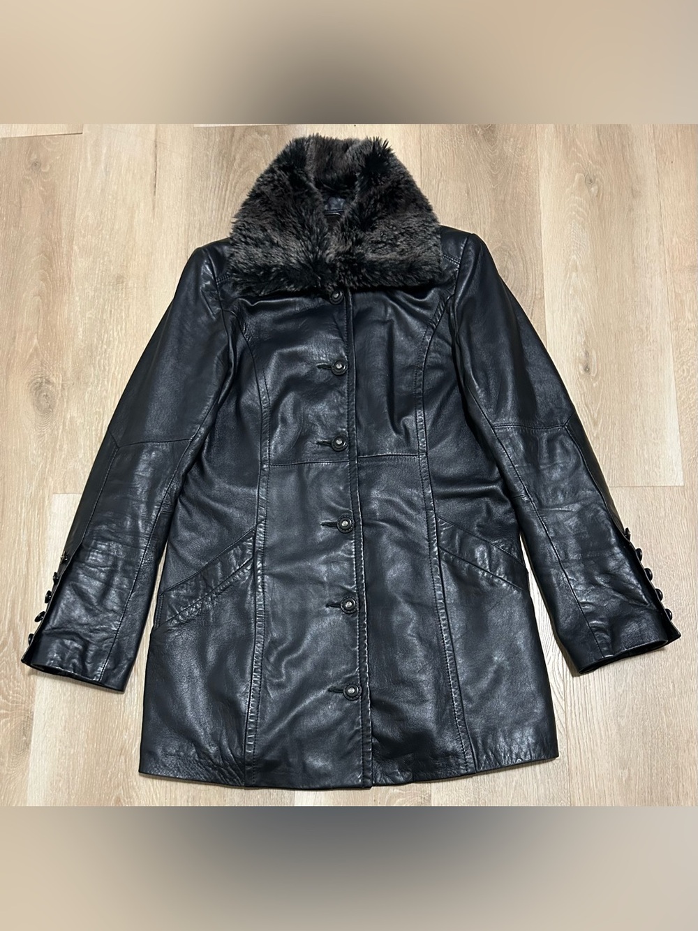 Danier Black Leather Coat with Faux Fur Collar